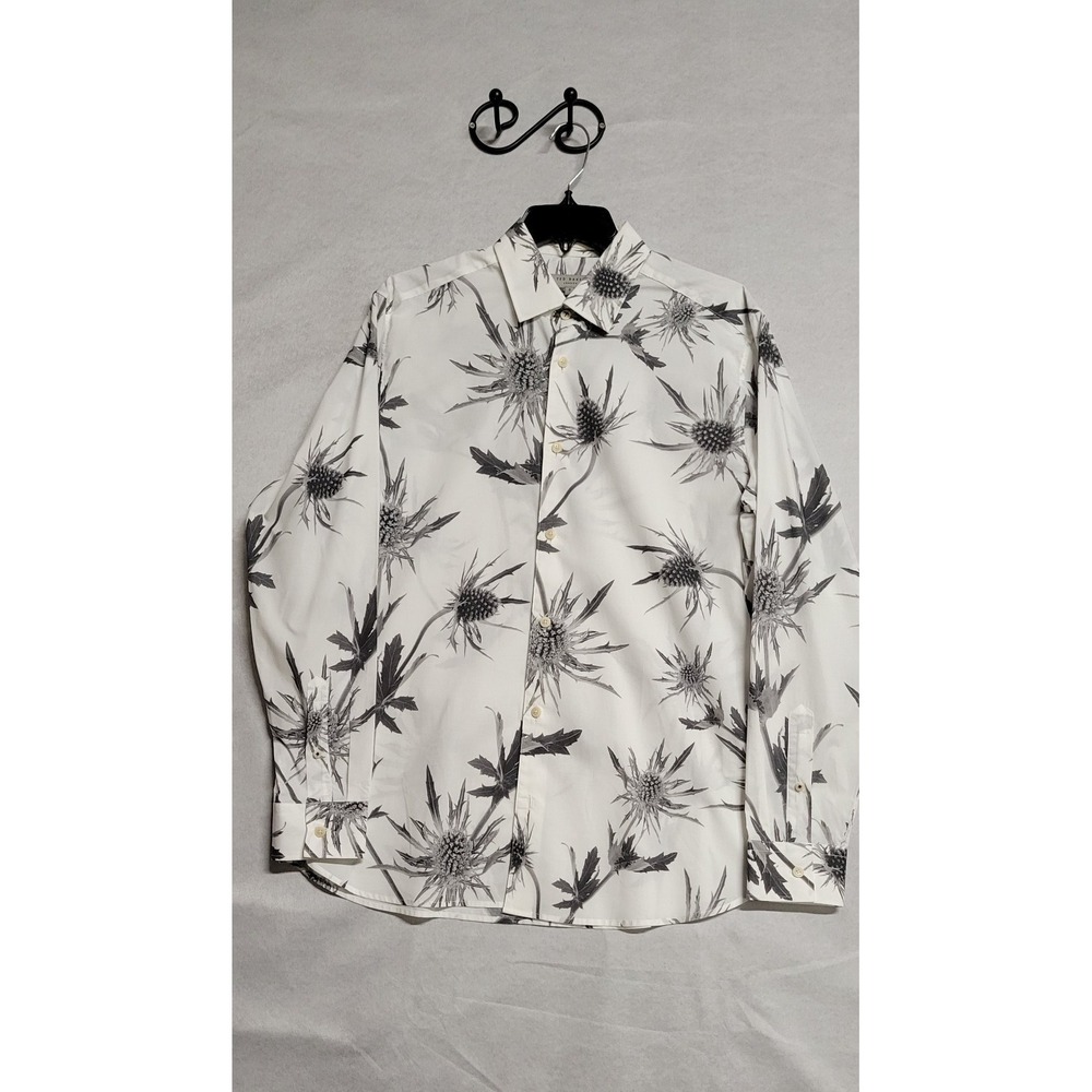 White With Gray Floral Print LS Ted Baker Button‎ Up Shirt Size M